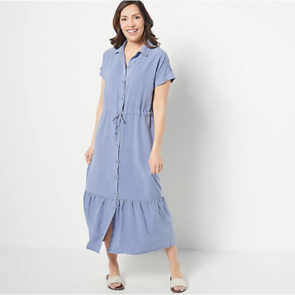 Side Stitch Tiered Maxi W/ Short Sleeves Dress Midnight L New